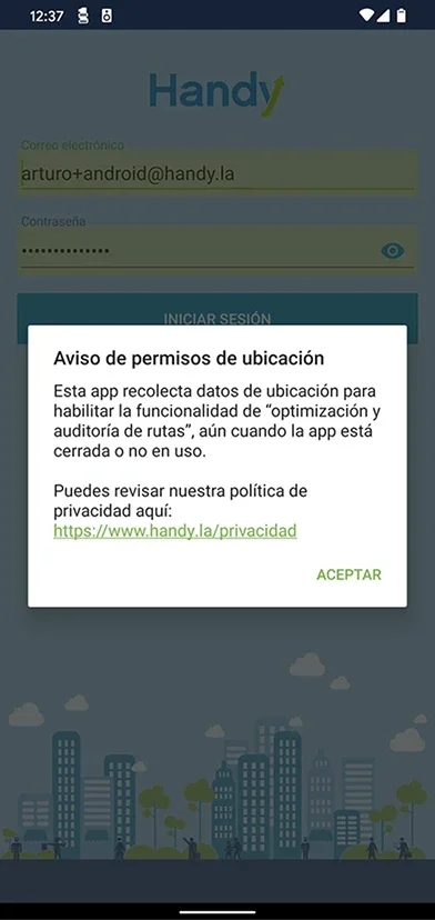 Screenshot app permisos de ubicación.